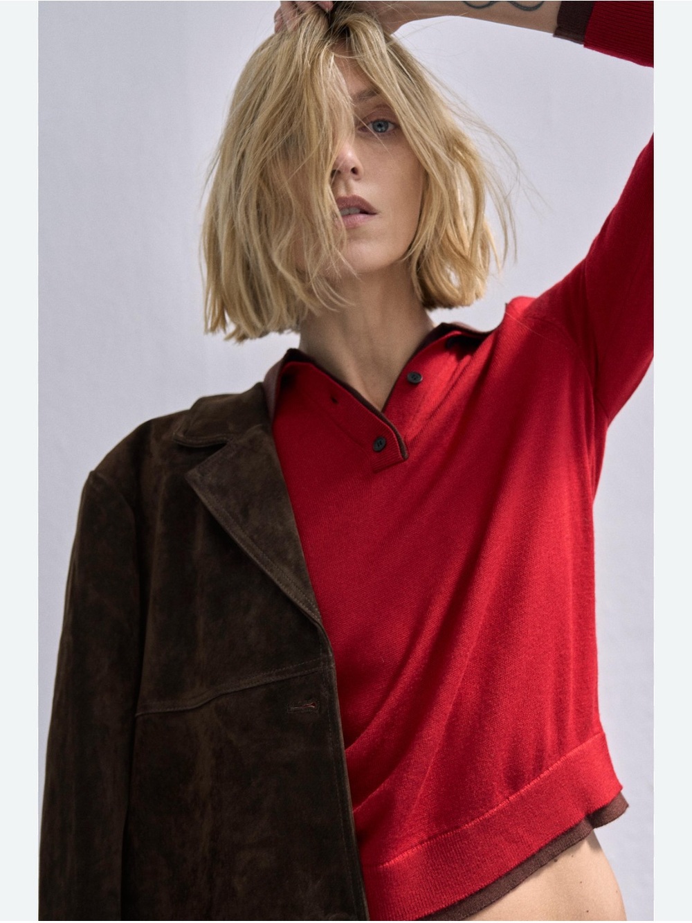 Zara Red Long-Sleeve Combination Knit Polo Shirt